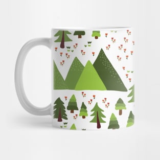 Mountain forest with lots of trees, flower meadow, and lakes on a white background. Mug